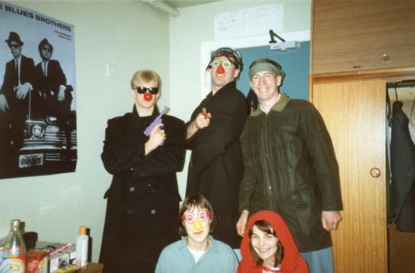 End of term "Nonsense Night", Christmas 1990. Just before the Christmas tree mysteriously appeared in the lightwell. (Martin, Rab, Sandy, Katy, and Debbie)
